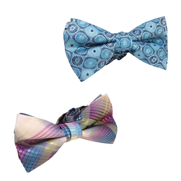 Lot of 2 Mens Bow Tie Floral Plaid Suit Accessories Pink Blue Formal Business - Picture 1 of 3
